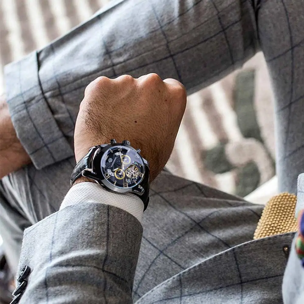 Forsining Tourbillion Fashion Wave Clock Multi Function Display Mens Automatic Mechanical Watches Top Brand Luxury Mechanical Watch