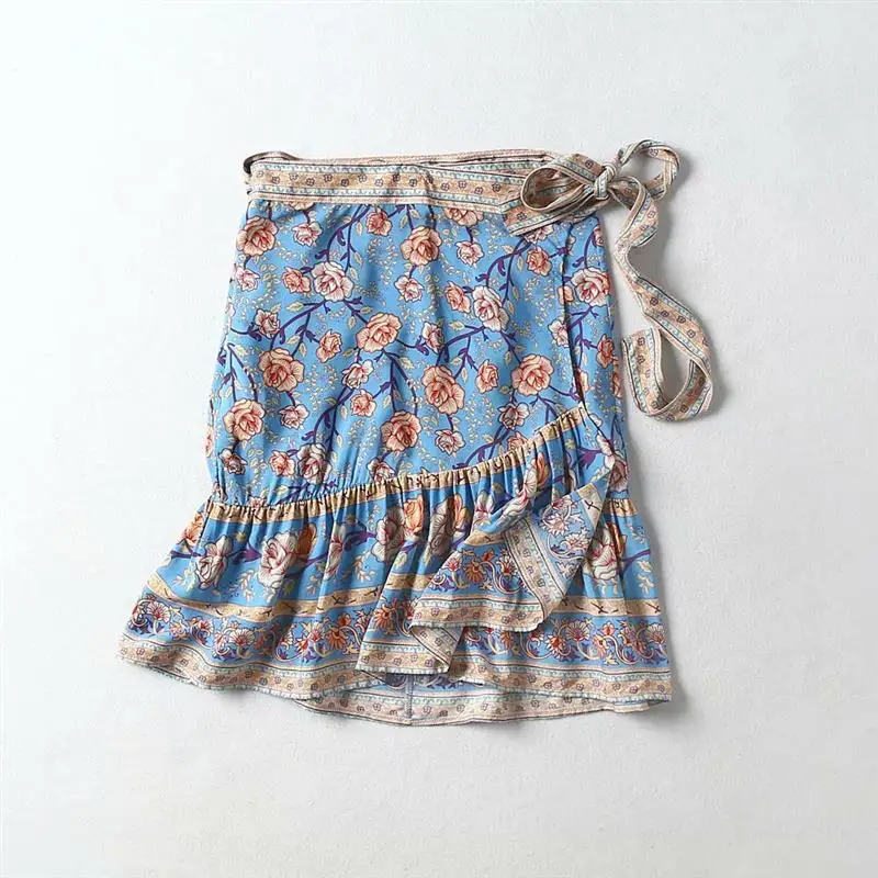 Богемный Вдохновленный синий флористическая накидка юбки для женщин Мини оборка подол шикарная юбка в стиле бохо летняя Цыганская юбка для девочек Женская новая пляжная юбка