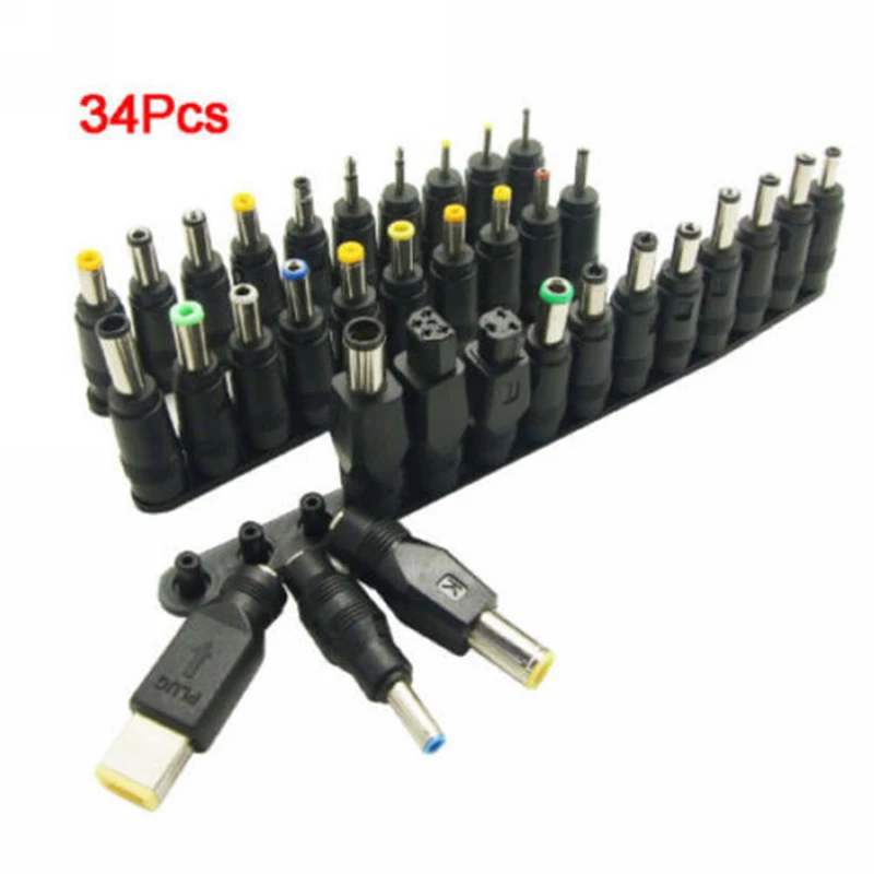 34pcs Set 5.5x2.1mm Universal Laptop DC Power Supply Adapter Connector Plug Multi-Type Female Plugs Computer Cables Connectors
