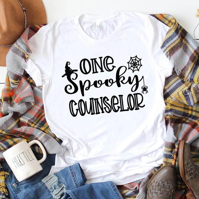 

Casual Autumn Women Graphic Holiday Tees Tops One Spooky Counselor T-shirt Funny Unisex Halloween School Teacher Gift Tshirt