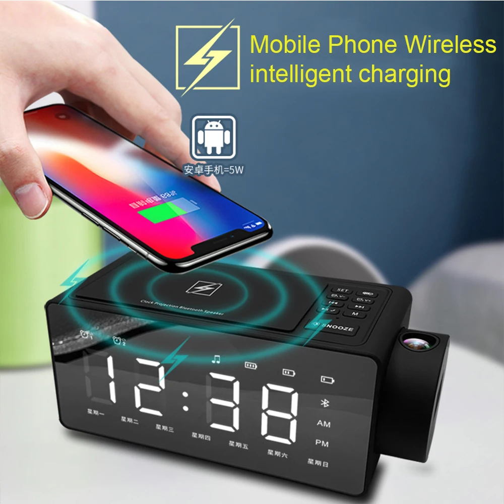 Alarm Clock Wireless Charger Phone Bluetooth Mirror Projection Speaker Super Bass 3D Stereo