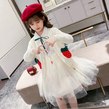 

Autumn Girls Clothing Set 2020 Children Cardigan Sweater and Patchwork Dress 2Pcs Kids Outfits Cute Strawberry Girls Clothes