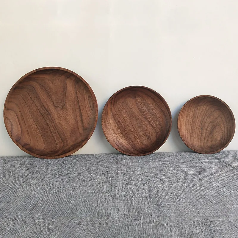 

Japan Style Black Walnut Solid Wood Plate Whole Wooden Fruit Round Tray Round Dried Fruit/Cake/Snack Serving Tray