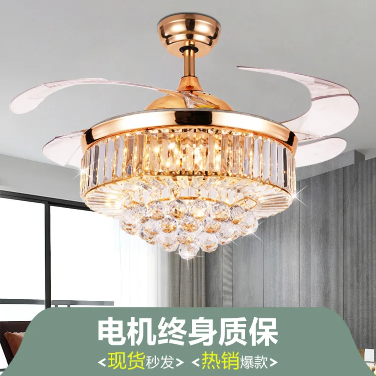 

Hidden Ceiling Fan Restaurant Luxury Decoration Fan Lamp Home Ceiling Fan Lights Living Room European Style LED Crystal Fan-styl