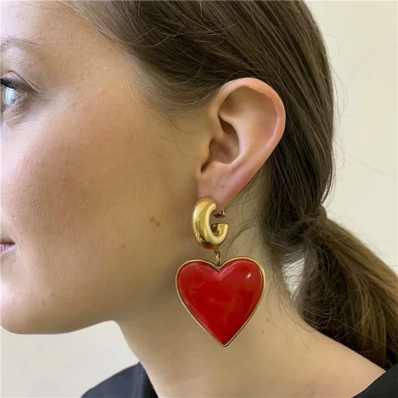 AOMU Vintage Lovely Exaggeration Red Heart Pendant Earring S925 Sterling Silver Pin Drop Dangle Earring For Women Jewelry Set