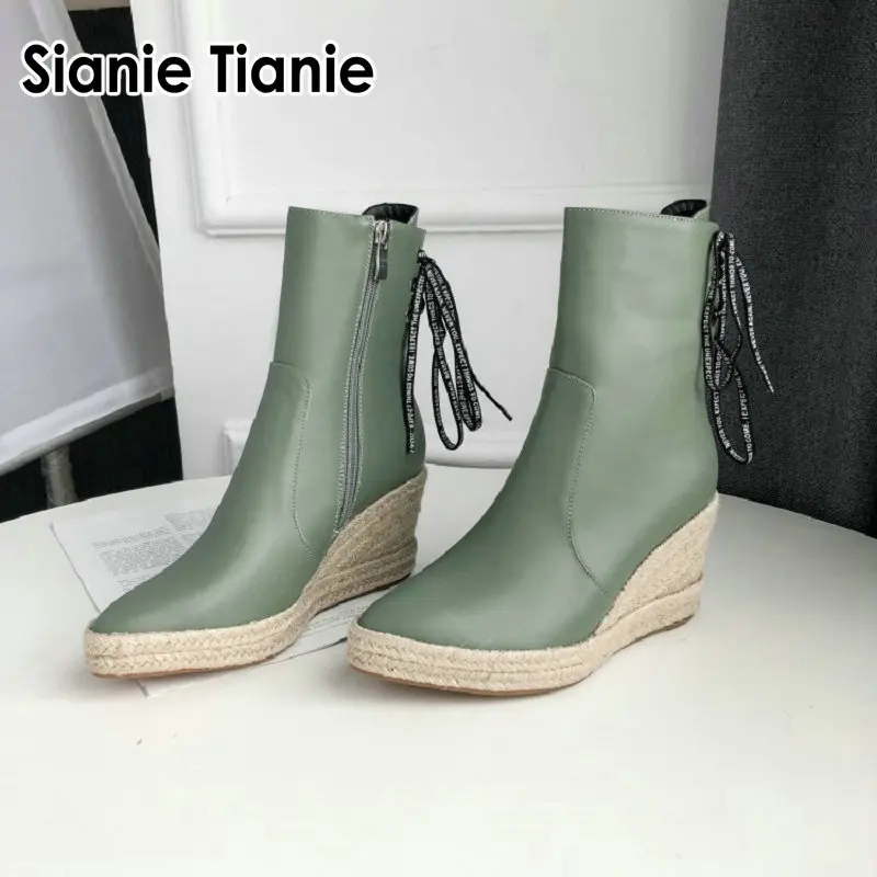 

Sianie Tianie 2020 winter green offwhite back zipper platform espadrilles wedges high heels woman shoes pointed toe ankle boots