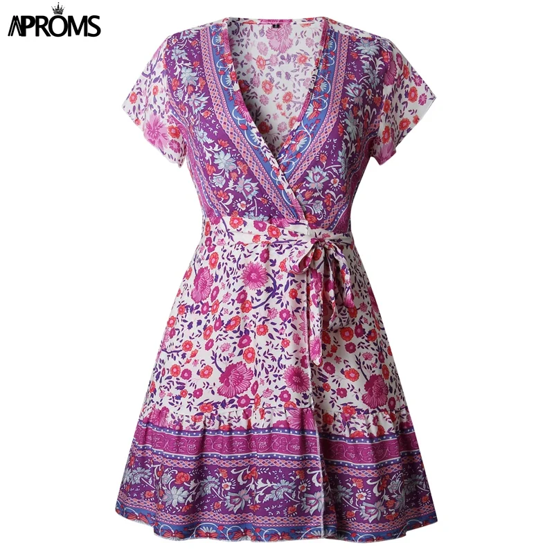 Aproms богемное женское мини-платье с цветочным принтом, элегантное платье с рюшами и v-образным вырезом, женское летнее пляжное платье