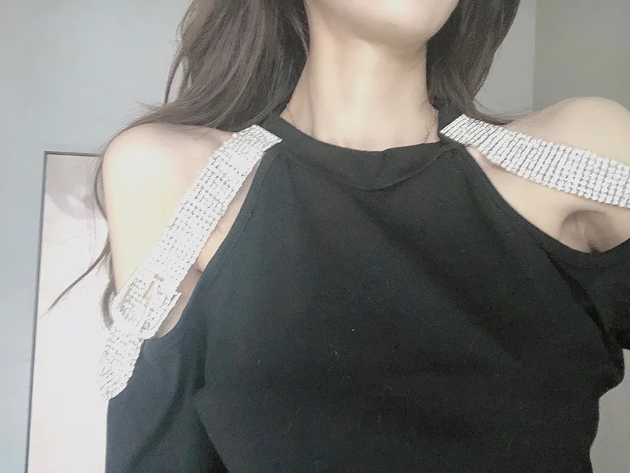 WHITNEY WANG футболка Весенняя мода Уличная Сексуальная Открытая с открытыми плечами бандажная футболка с бриллиантами Женские топы Футболка