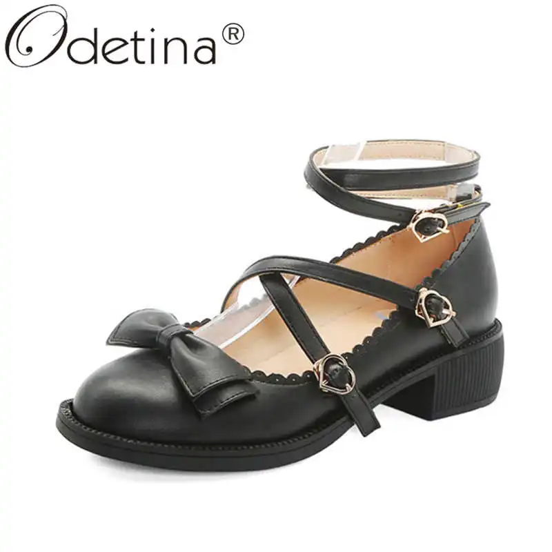 

Odetina Women Fashion Block Mid Heel Ruffles Cosplay Party Shoes Ladies Platform Buckle Strap Round Toe Bow Lolita Shoes Sweet