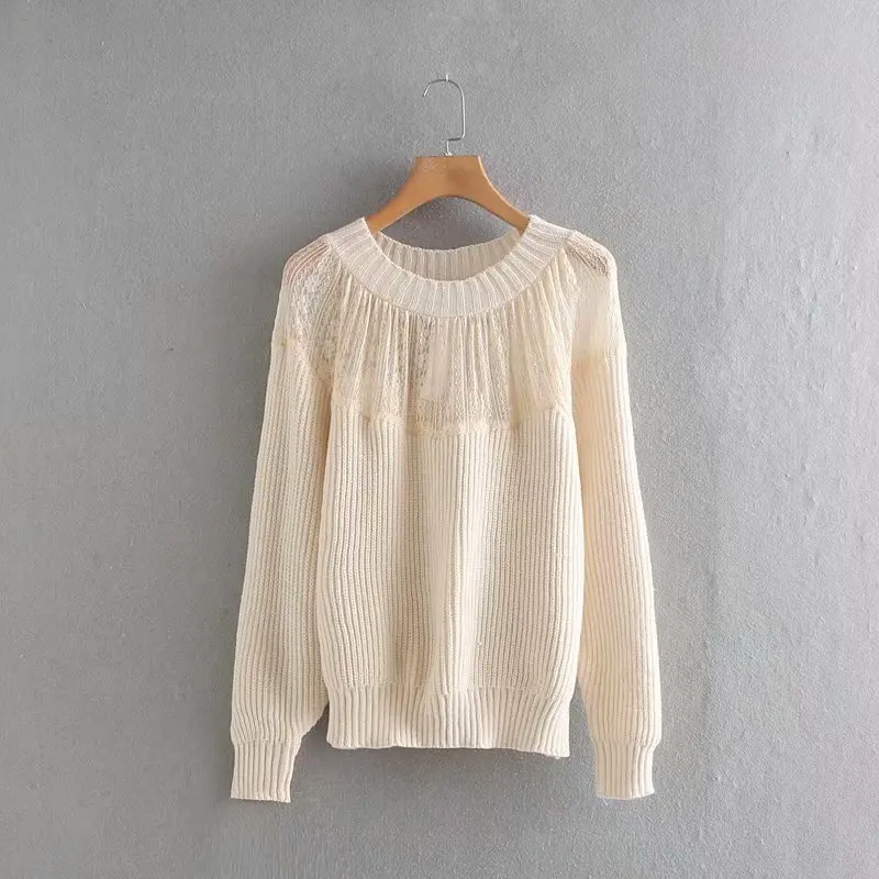 ZA women winter sweaters o-neck lace patchwork long sleeve knitted pullover 2019 new autumn casual loose elegant cream sweater | Женская