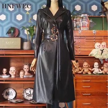 

2020 new spring turn-down collar full sleeves waist belts wide metal circle PU leather long windbreaker Y244