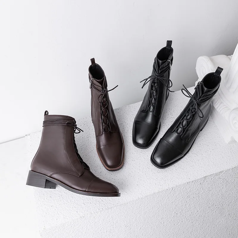 

New calf leather martin boots lace-up thick with net red side zipper in the tube riding boots short boots women