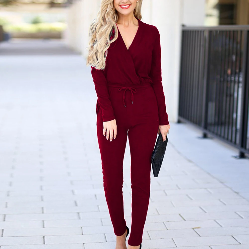 

Trendy Sexy Women Clothes Long Sleeve Solid Casual Polyester Rompers Lady V-Neck Slim Bodycon Jumpsuit One Pieces