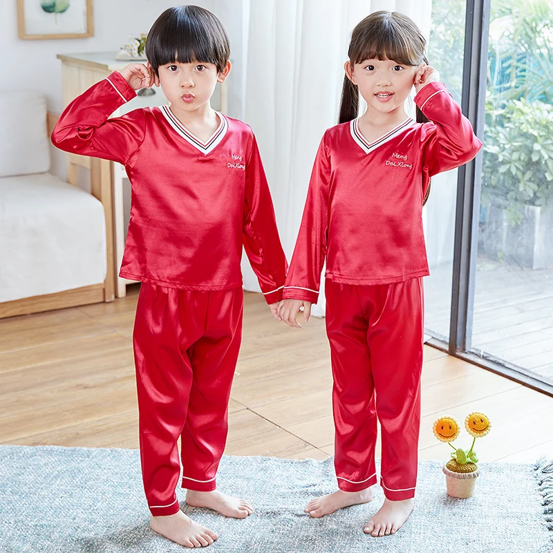 Детский пижамный комплект, однотонная Шелковая пижама с длинными рукавами для девочек, милый детский пижамный комплект с v-образным вырезом, домашний костюм