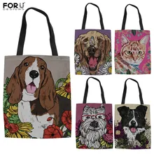 FORUDESIGNS/Персонализированная женская льняная сумка для собак с цветочным принтом, золотистая многоразовая сумка для покупок, сумка на плечо для девочек