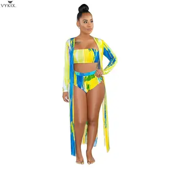 

2020 Women Summer Bikini Set Sexy Beach Bohe Print Long Sleeve Cloak +top+ Panty Three Piece Sets Swimsuit Bikini Set