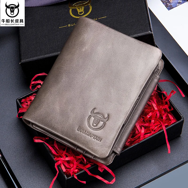 BULL CAPTAIN Brand Genuine Leather RFID Multi-usage Pocket Wallet Men's Cardholder Card Case Coin Bag Men Zipper Dollar Purse - Color: Gray