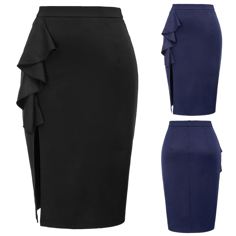 Женская Леди с высокой талией Bodycon Ruffle Сплит стрейч бизнес OL карандаш миди юбка