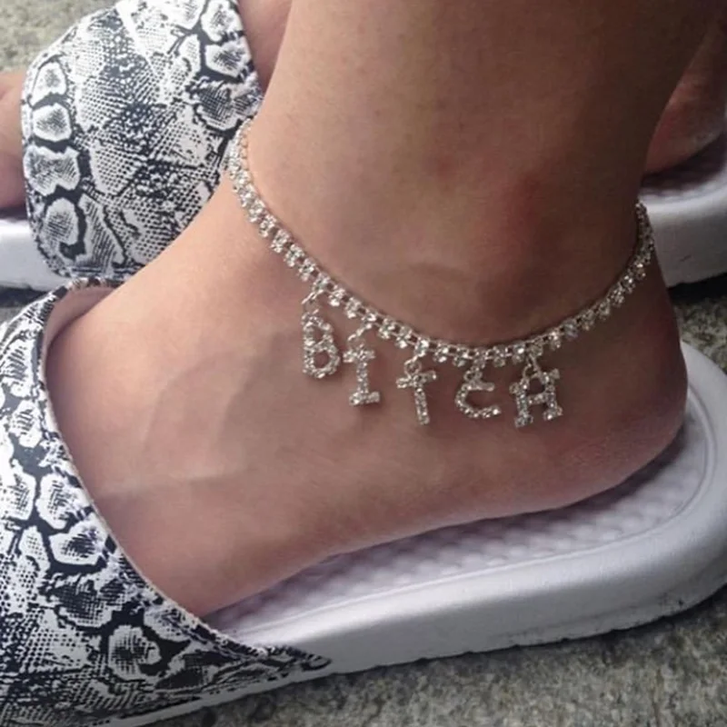 2020 Women BITCH Crystal Anklets Bracelet Letter DIY Boho Jewelry Silver Color Gold Foot Beach Leg Chain Barefoot Ankle Bracelet 2020 Women BITCH Crystal Anklets Bracelet Letter DIY Boho Jewelry Silver Color Gold Foot Beach Leg Chain Barefoot Ankle Bracelet