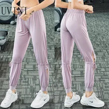 Осенний/Зимний трикотажный спортивный бег Штаны Для женщин тренажерный зал на свежем воздухе Спортивная одежда для бега свободный тренировочный Штаны шнурок до середины икры впитывает пот и Штаны открытые по бокам