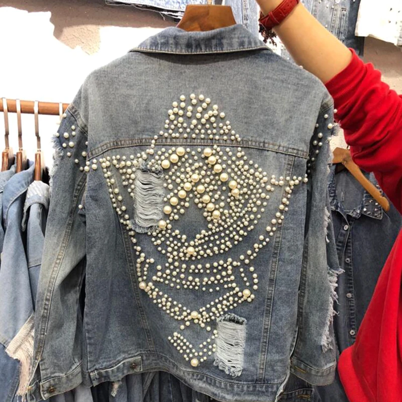 Женские винтажные джинсы повседневные свободные с жемчугом и бусинами 2019|Куртки|