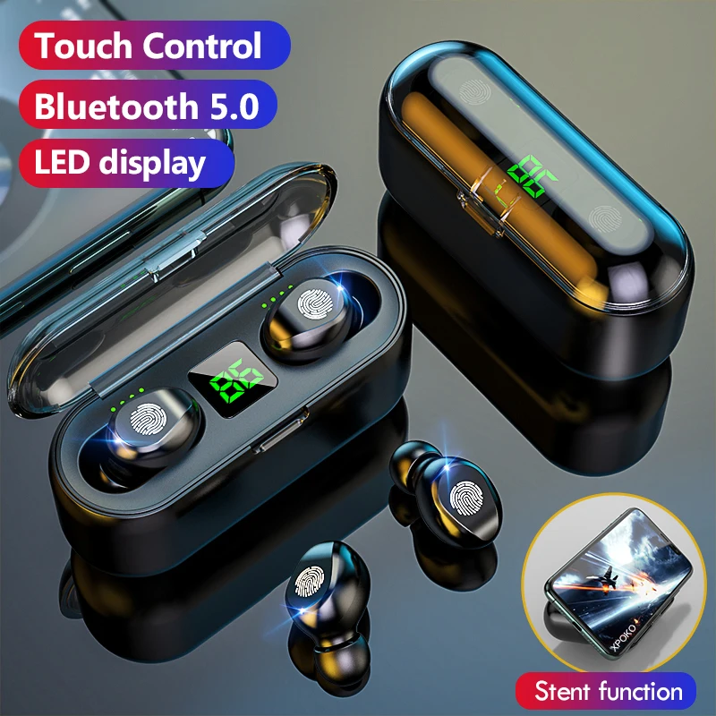 TWS F9 Wireless Headphone Stereo Sport Bluetooth Earphone Touch Mini Earbuds Bass Headset with 2000mAh Charging Case Power Bank