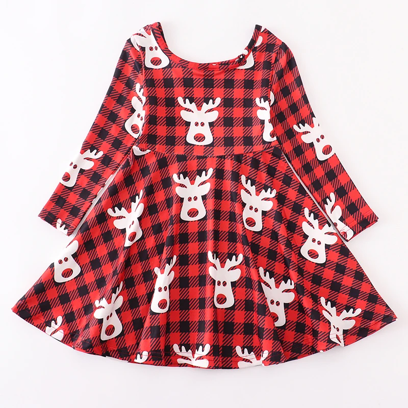 Girlymax Christmas Baby Girls Kids Clothing Milk Silk Dinosaur Flamingo Santa Print Ruffles Twirl Dress Knee Length Long Sleeve dress haloween