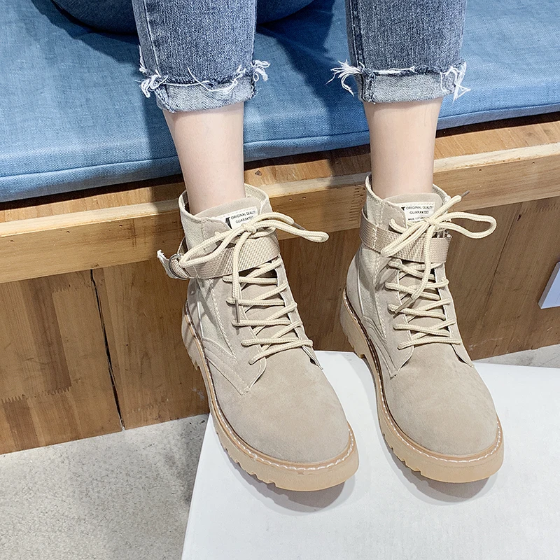 

Brand Women's Shoes Bootee Woman 2019 Lace Up Autumn Boots Round Toe Flat Heel Booties Ladies Low Heels booties Fashion Rubber