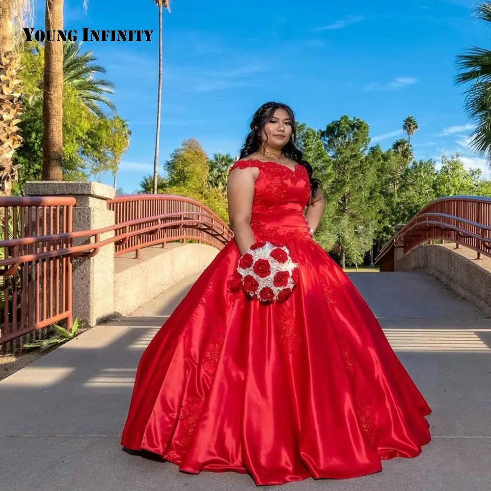 

Очаровательные красные платья до пола для Quinceanera, Атласное Бальное Платье с рукавом-крылышком, аппликацией и бисером, со шлейфом, 2022