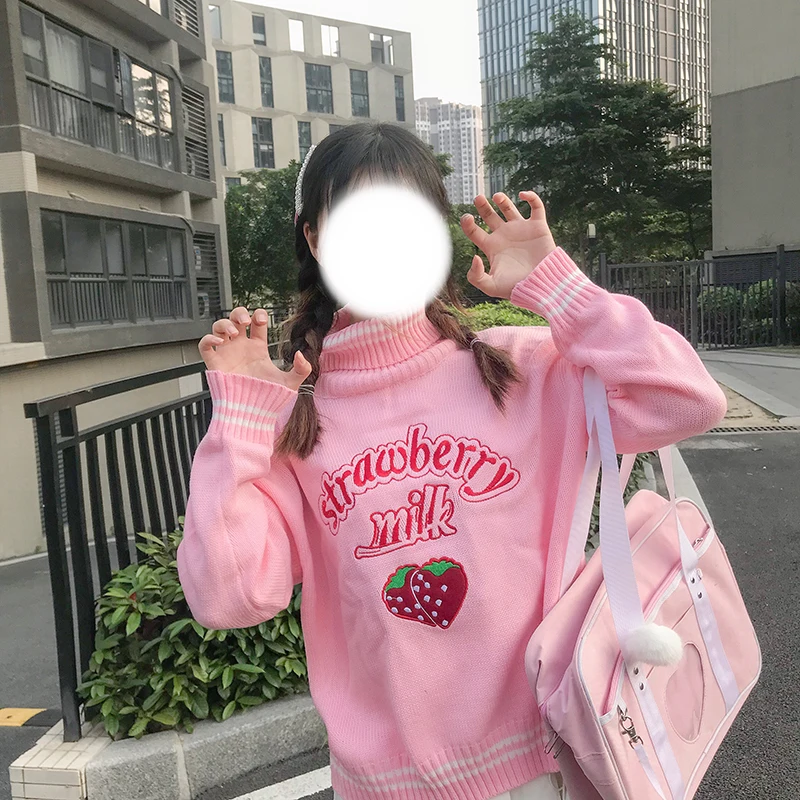 Cute Strawberry Embroidered Loose Sweater Women's Sweaters Japanese Kawaii Ulzzang Female Korean Harajuku Clothing For Women