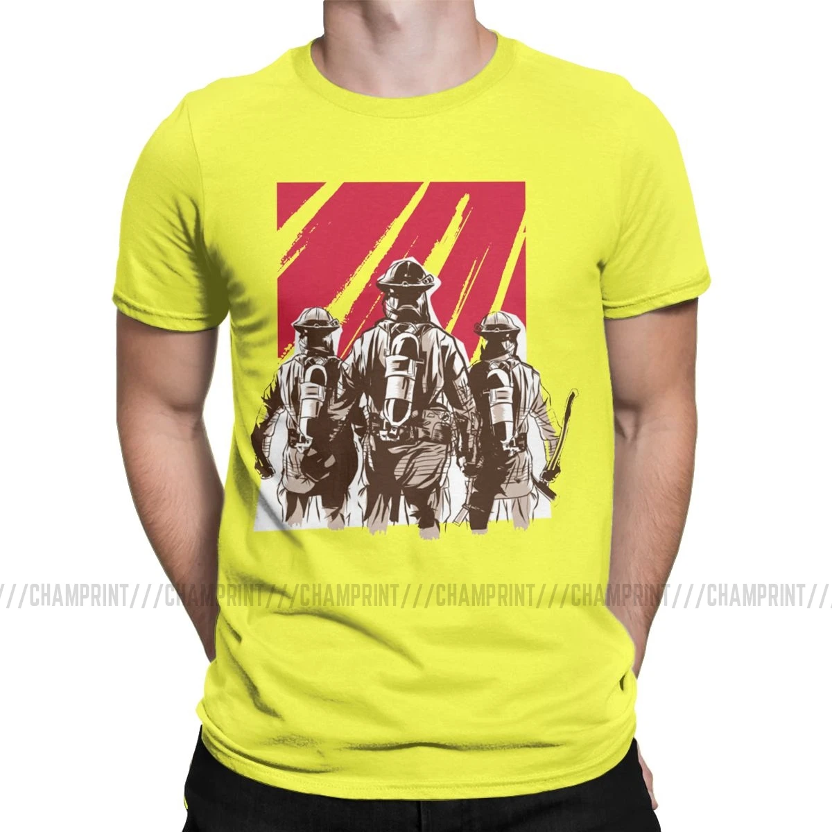 Мужская футболка пожарная Мужская футболка отряд хлопковые футболки с коротким рукавом пожарный шланг Рабочая Униформа пожарный футболки с круглым вырезом - Цвет: Цвет: желтый