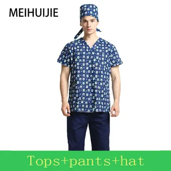 

Medical uniform men's hospital medical shirt Cotton Print Short Sleeve Operating Room Doctors Nurses Scrub Workwear suit and cap