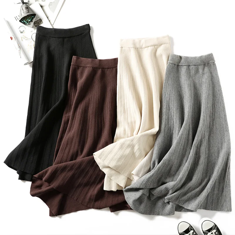 Meyooe женский свитер юбки осень зима трапециевидная плиссированная Высокая талия трикотажная однотонная повседневная юбка средней длины для женщин Famale