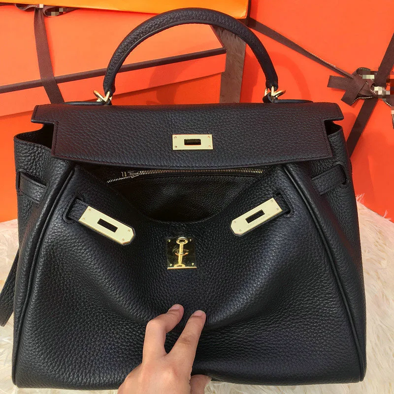 

High Quality Genuine Leather Elegant Woman Handbag Gold Button Black Brown Orange Many Colors with 25cm 28cn 32 cm Three Size