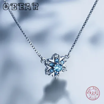 

OBEAR 100% 925 Sterling Silver Snowflake Cubic Blue Crystal Necklace Women Fashion Fine Jewelry Simple Necklaces