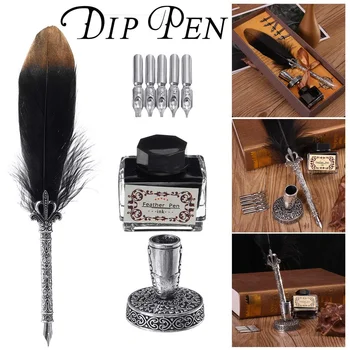 

English Retro Feather Pen Set Vintage Advertising Gift ink Pen Dip Water Metal Fountain Pen Set with 5 Nibs for Christmas Gift