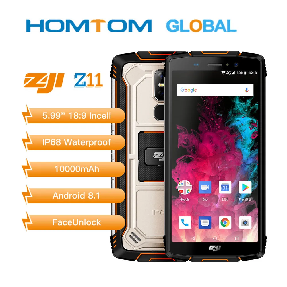 HOMTOM Zoji z11 Мобильный Телефон IP68 5,9" MTK6750T Восьмиядерный 4 Гб 64 ГБ 10000 мАч Android 8,1 разблокировка лица смартфон