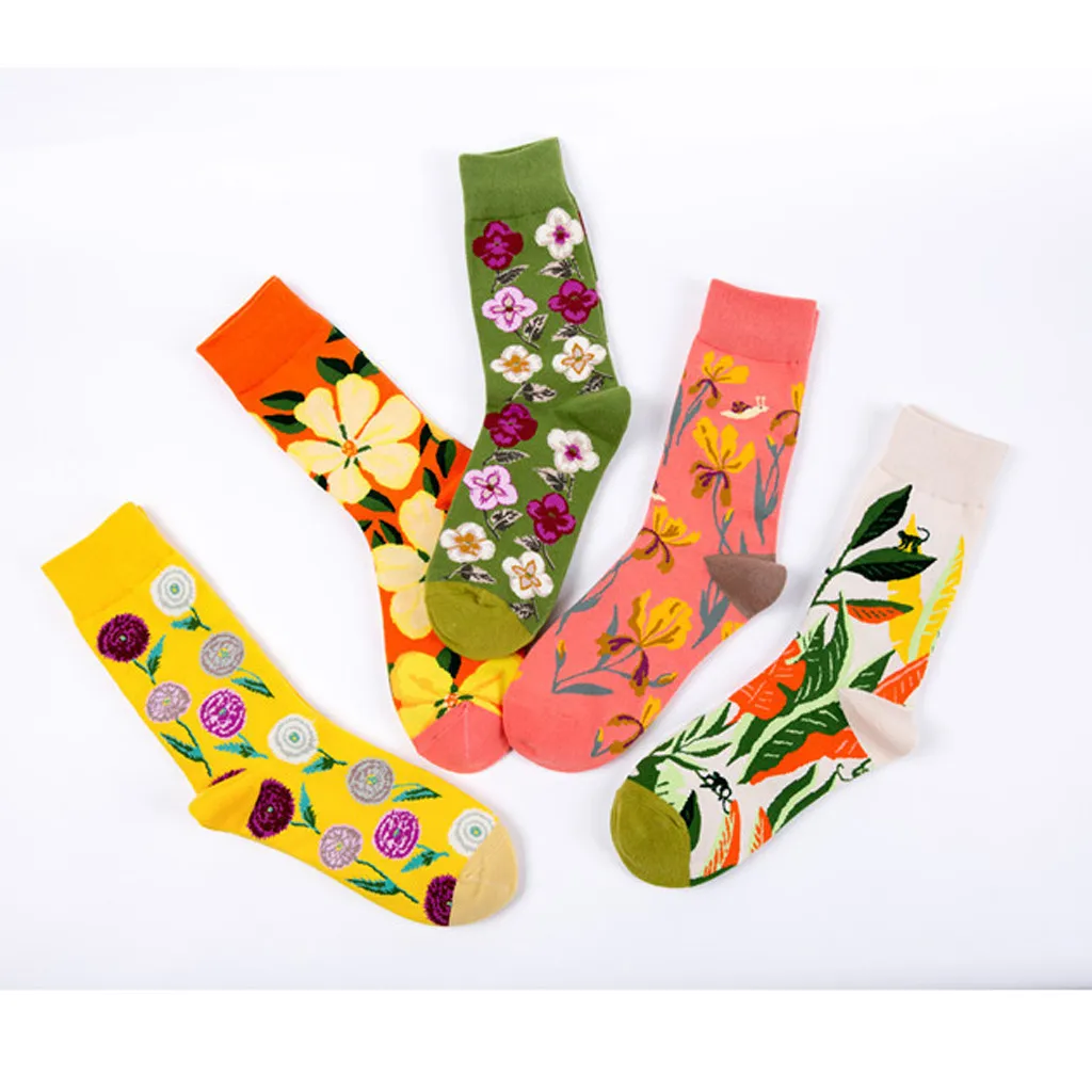 1 пара, женские цветные носки, яркие осенние носки с цветочным принтом, повседневные хлопковые носки, женские носки, женская одежда