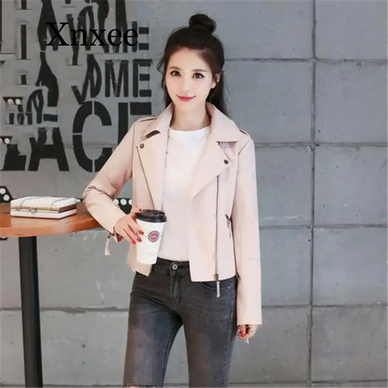 

pink Faux Leather Coat Women Black Pink Short PU Jacket Autumn Winter Korean Fashion Slim Zipper Pockets Coats