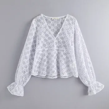 

2019 za women's fashion EMBROIDERED SEMI-SHEER BLOUSE V-neck organza blouse long balloon sleeves sexy