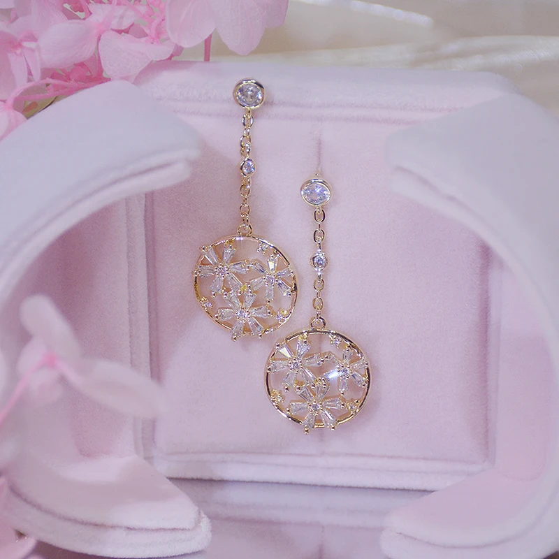 14k Real Gold Shine Flower Round Earring for Women AAA Bling Zircon Charm Temperament Korean Stud Earrings Wedding Jewelry Gift - Image 5