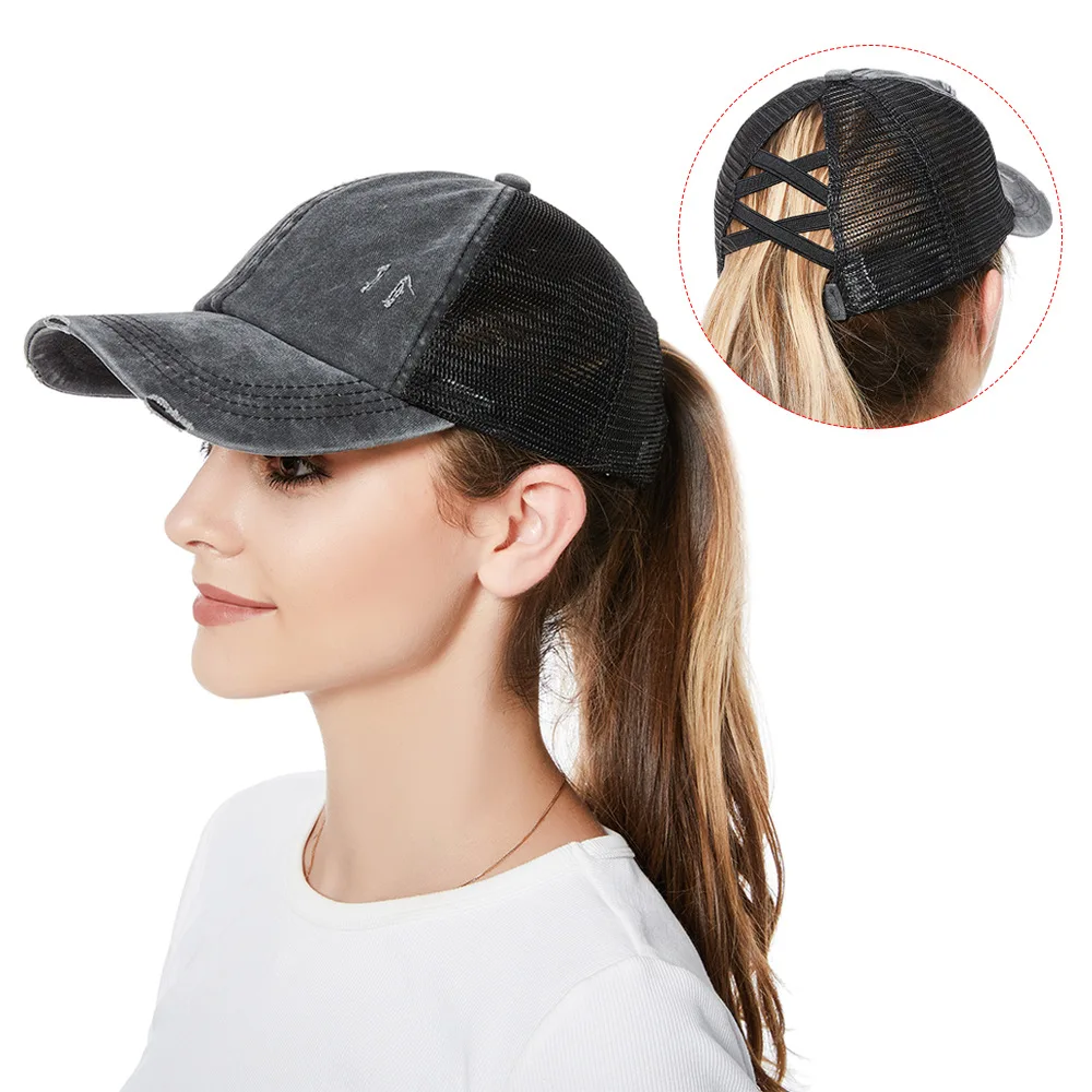 

Ponytail Criss Cross Messy Buns Ponycaps Baseball Cap Dad Trucker Mesh Hat Women's Washed Distressed Cotton Denim Ponytail Hat