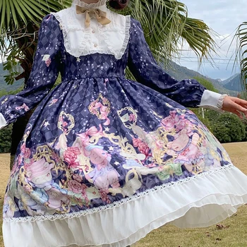 

Japanese Lolita Dress Sweet Loli Girl Kawaii Lace Baby Collar Cartoon Print High Waist OP Ruffle Skirt Women Victorian Dress