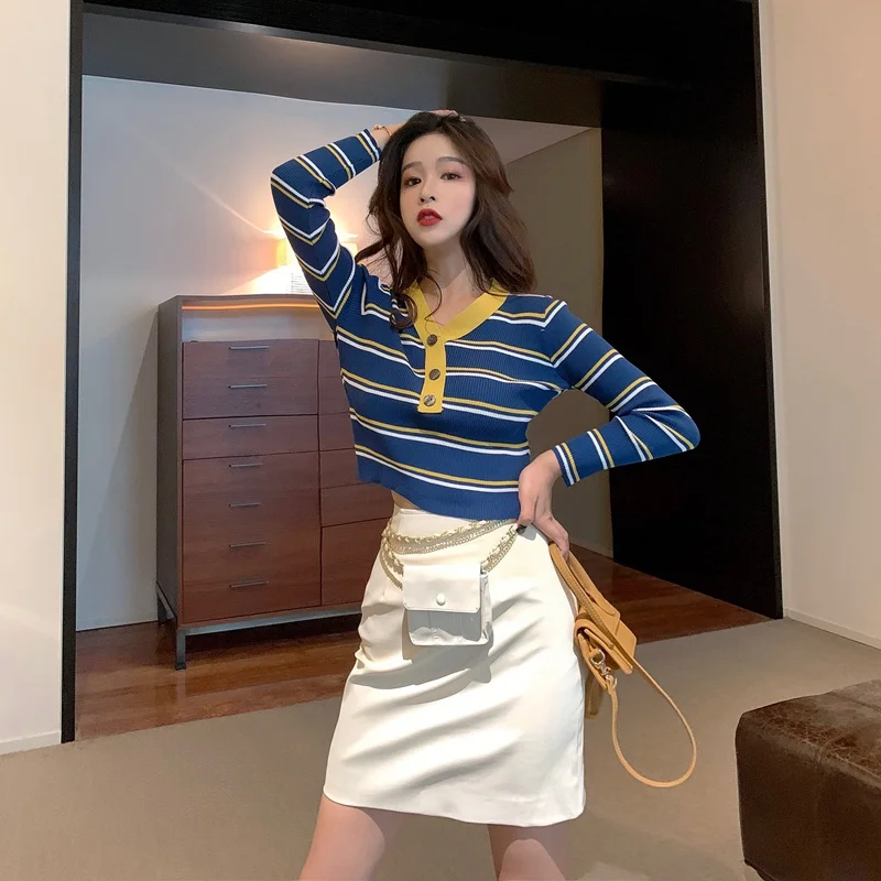 Women Casual Wild Sweater Lady Autumn V-neck Striped Knitted Clothes Long Sleeve Button Fashion Pullover Female Sweaters Tops Women Casual Wild Sweater Lady Autumn V-neck Striped Knitted Clothes Long Sleeve Button Fashion Pullover Female Sweaters Tops