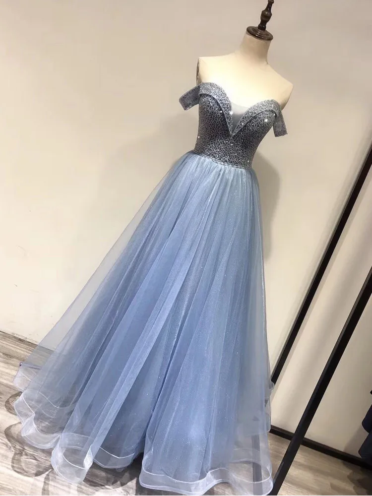 blue It's Yiiya Evening Gowns Boat Neck Short Sleeve A-Line Women Party Dresses Beading Off Shoulder Floor-Length Robe De Soiree V090 - Цвет: blue