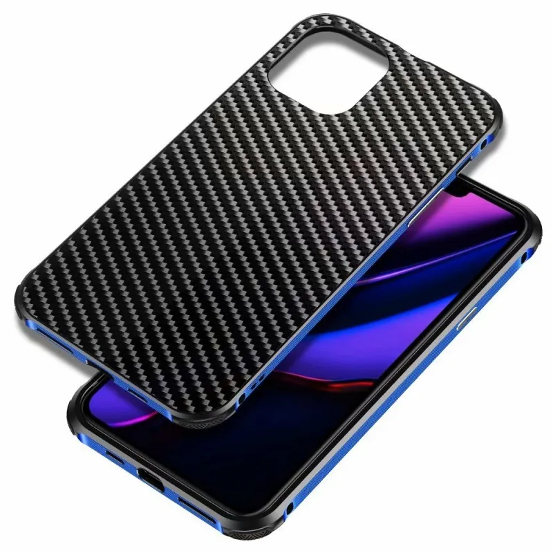 Чехол для iPhone 11 Pro Max XS Max X, металлический алюминиевый бампер, рамка из углеродного волокна, чехол для iPhone 7 8 Plus XR, чехол - Цвет: Blue Black