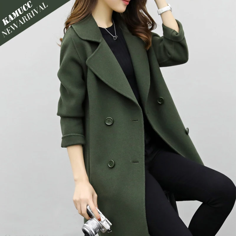 

Coat Women Autumn Winter Jackets Solid Color Lapel Double-breasted Woolen Midi Trench Coat Loose Long Sleeve Jacket Warm Keeping