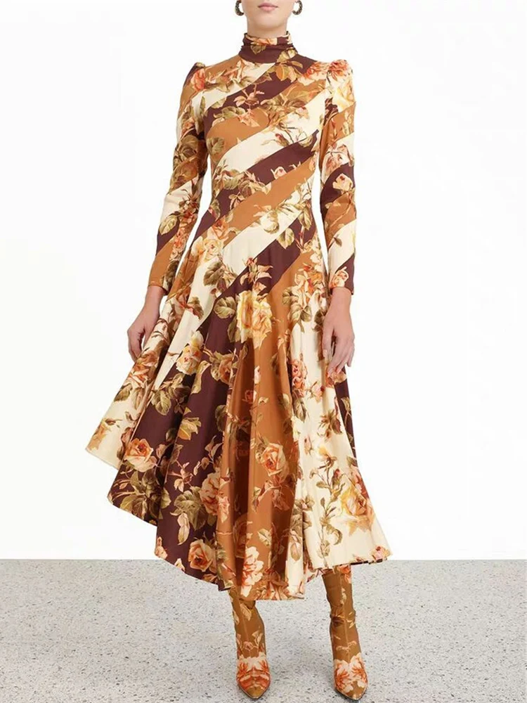 

Vintage Print Woman Maxi Dress Turtleneck Long Sleeve High Waist Patchwork Elegant Long Dress Holiday Party Vestidos