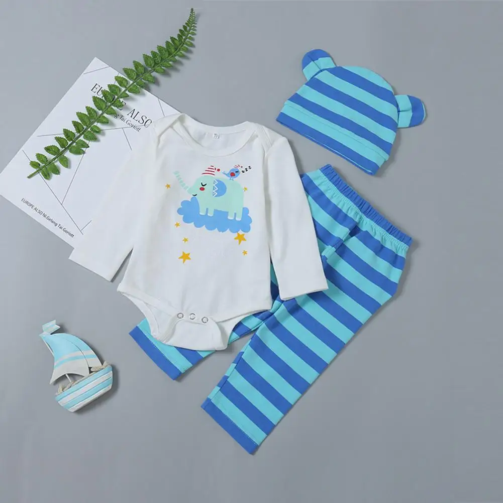 

Fashion 3Pcs/Set Baby Girls Romper+Pants+Hat Set Cartoon Elephant Striped Long Sleeve Romper Pants Hat Outfit