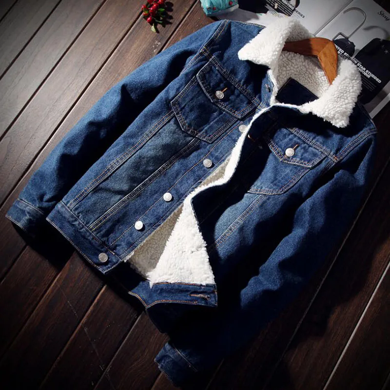 dark blue Мужская джинсовая куртка, трендовые зимние теплые флисовые пальто, мужская верхняя одежда, модные джинсовые куртки, мужская Ковбойская повседневная одежда размера плюс 5XL 6XL - Цвет: dark blue